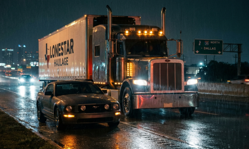18-wheeler semi-truck accident scene on a McAllen Texas highway at night