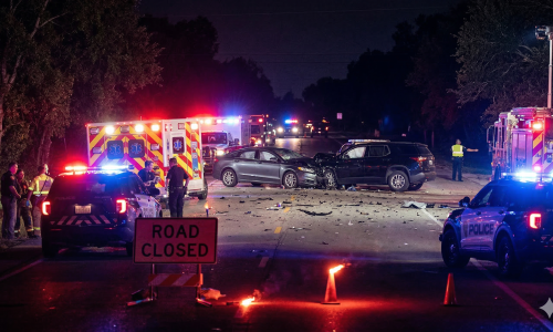 Police lights responding to a fatal car crash in Alton TX