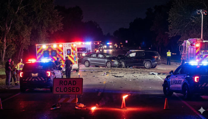 Police lights responding to a fatal car crash in Alton TX