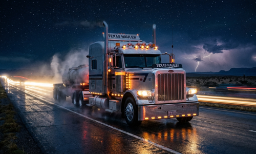 Un camión de 18 ruedas masivo en una carretera de McAllen Texas de noche con iluminación cinematográfica