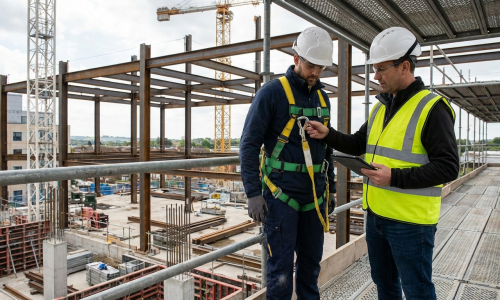Vista dramática de un andamio de construcción inestable en una obra de McAllen Texas bajo un cielo despejado
