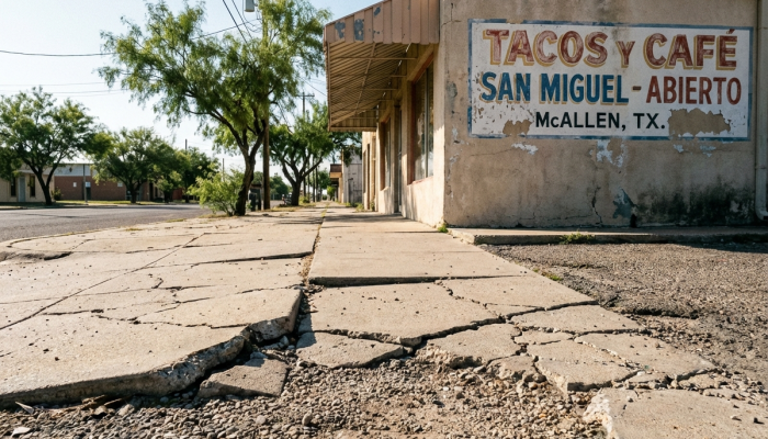 Primer plano cinematográfico de un piso mojado en un supermercado de McAllen Texas sin señal de precaución