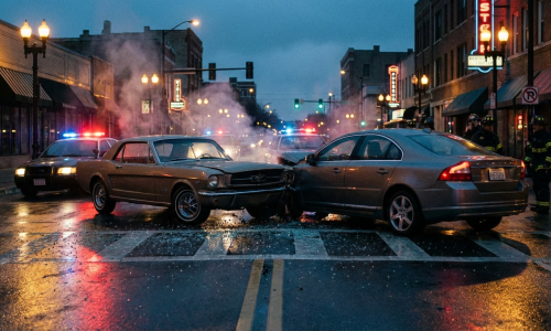 Cinematic high-speed motion blur of a car accident at a busy McAllen Texas intersection