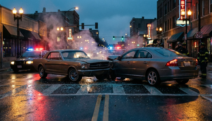 Cinematic high-speed motion blur of a car accident at a busy McAllen Texas intersection