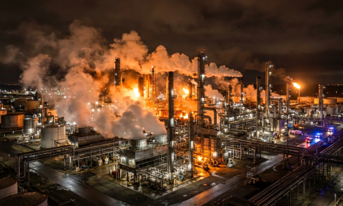 Cinematic aerial view of a massive Texas oil refinery at night with glowing industrial lights and steam