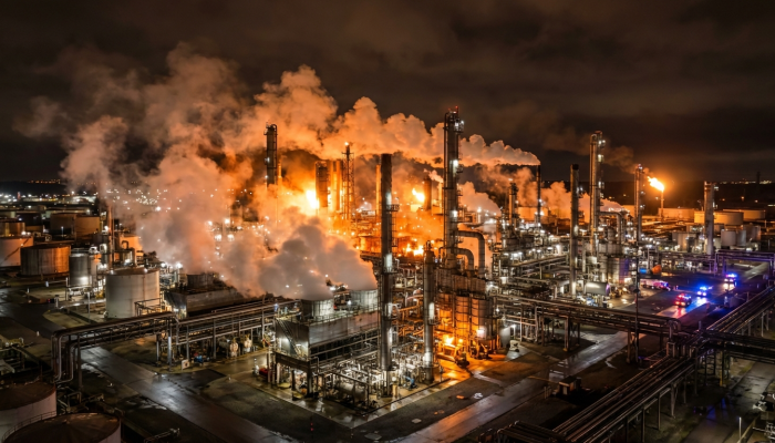 Cinematic aerial view of a massive Texas oil refinery at night with glowing industrial lights and steam